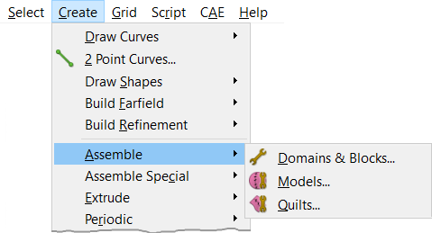 Create, Assemle submenu
