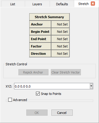The Stretch panel provides controls for anchor point and stretching vector selection.