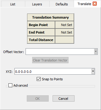 The Translate panel provides multiple options for translating an entity in addition to a summary of translation
  coordinates